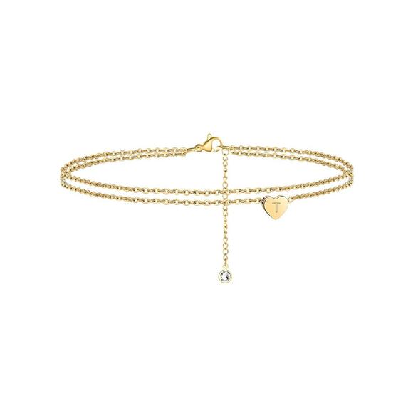 Does Not Apply Jewelry - Heart Initial Ankle Bracelets for Women, 14K Gold Filled Handmade, T Inscribed